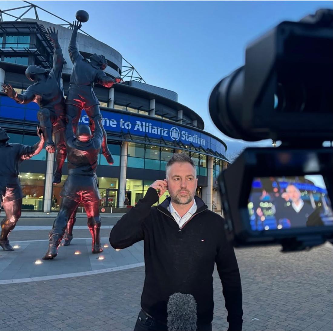 Chris Jones outside the Allianz Stadium, Twickenham, in front of a broadcast camera